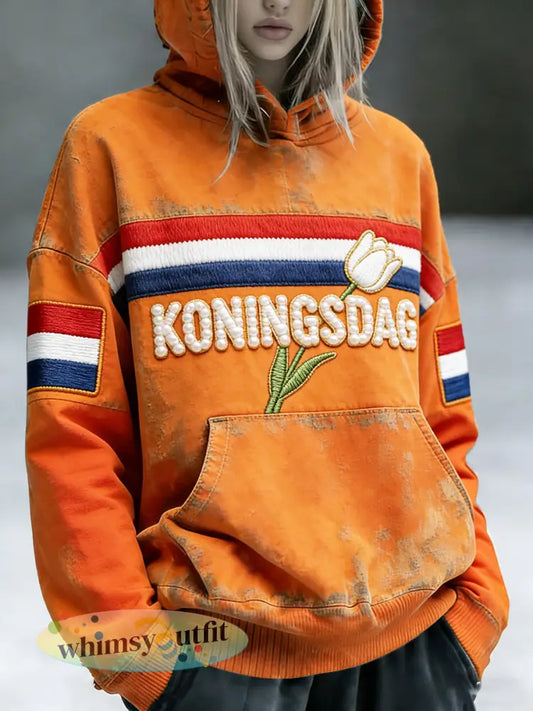 Nederlandse Koningsdag tulp vintage patchwork print casual sweatshirt met capuchon - Sinaasappel / S