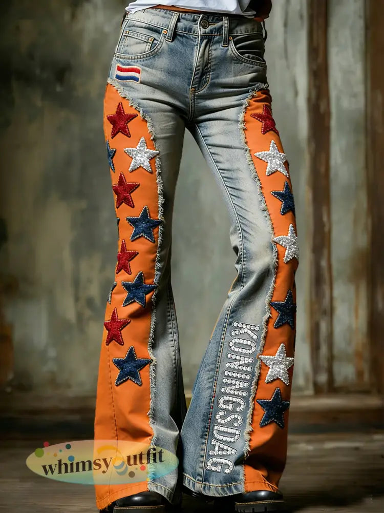 Nederlandse koningsdag vintage denim patchwork print casual uitlopende broek - Veelkleurig / S