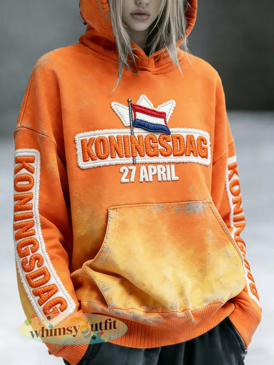 Nederlandse Koningsdag vintage gradiëntprint oranje sweatshirt met capuchon voor dames - Sinaasappel / S