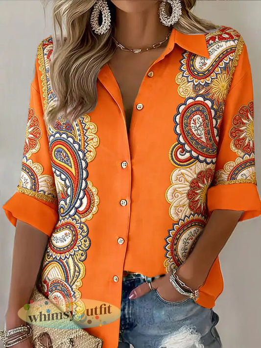 Nederlandse Koningsdag vintage paisley print overhemd met lange mouwen - Sinaasappel / S