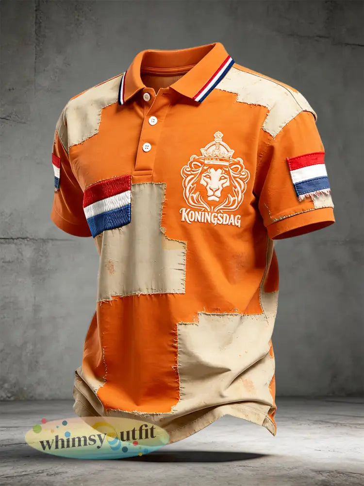 Nederlandse koningsdag vintage patchwork print oranje casual poloshirt - Sinaasappel / S
