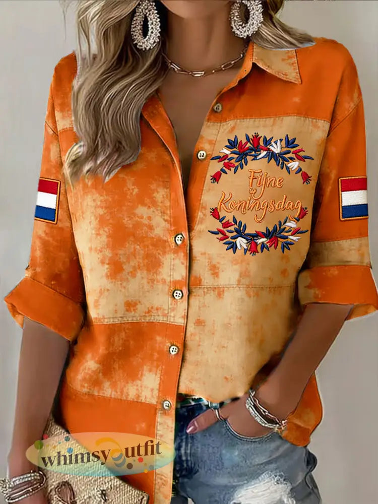 Nederlandse Koningsdag vintage print overhemd met lange mouwen - Sinaasappel / S