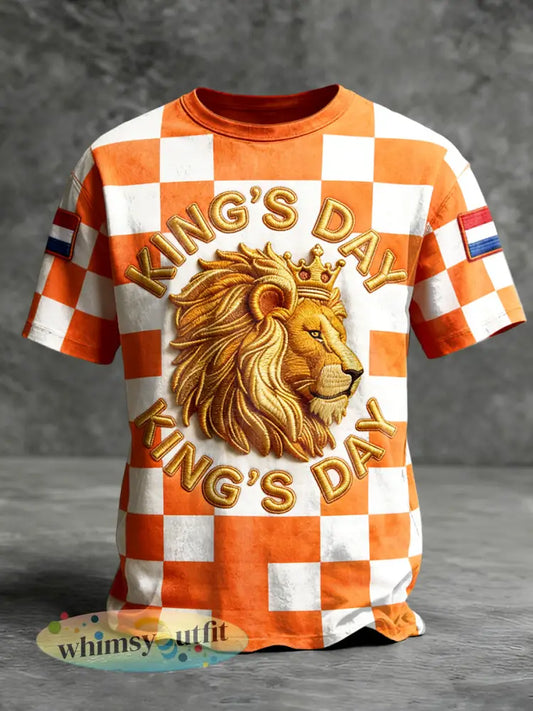 Nederlandse Leeuw Koning Dag Check Print Casual T-shirt voor heren - Oranje wit / S