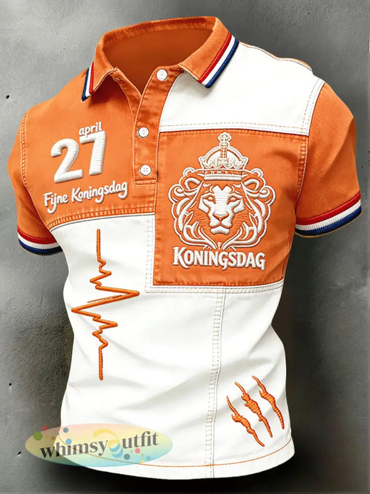 Nederlandse leeuw koningsdag patchwork print casual poloshirt - Oranje wit / S