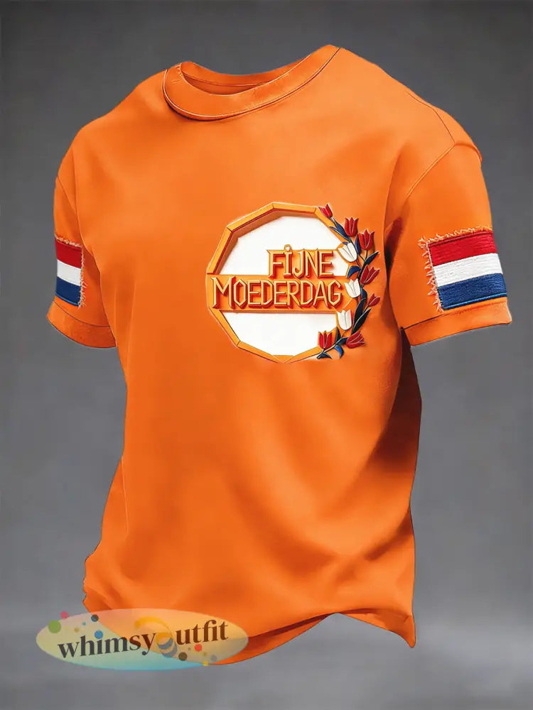 Nederlandse Moederdag 3D-print oranje casual T-shirt voor heren - Sinaasappel / S