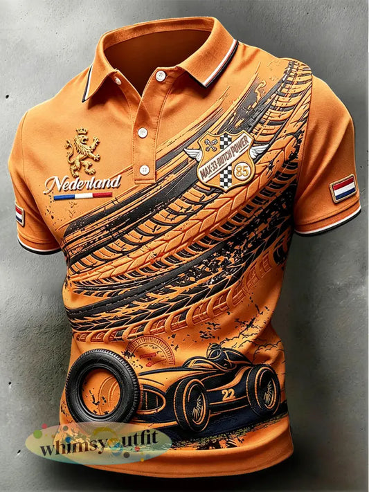 Nederlandse racing zandvoort patchwork print casual poloshirt - Sinaasappel / S