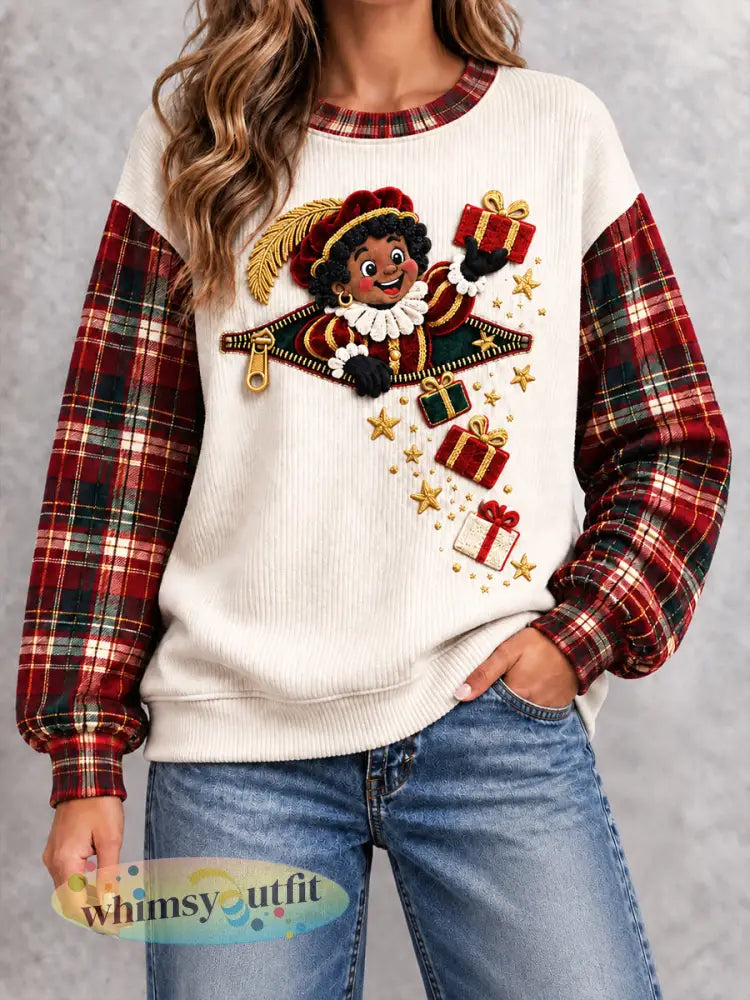 Nederlandse Sinterklaasdag geruite patchwork print casual sweatshirt voor dames - Romig-Wit / S