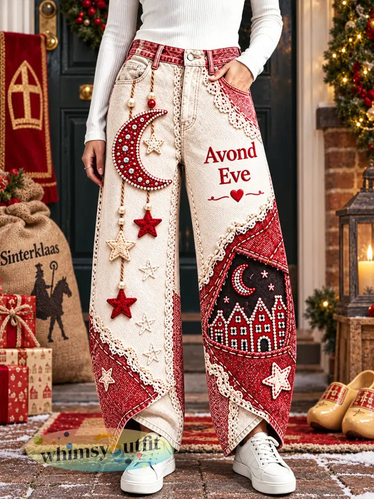 Nederlandse sinterklaasdag met kant-paneelprint casual broek - Veelkleurig / S
