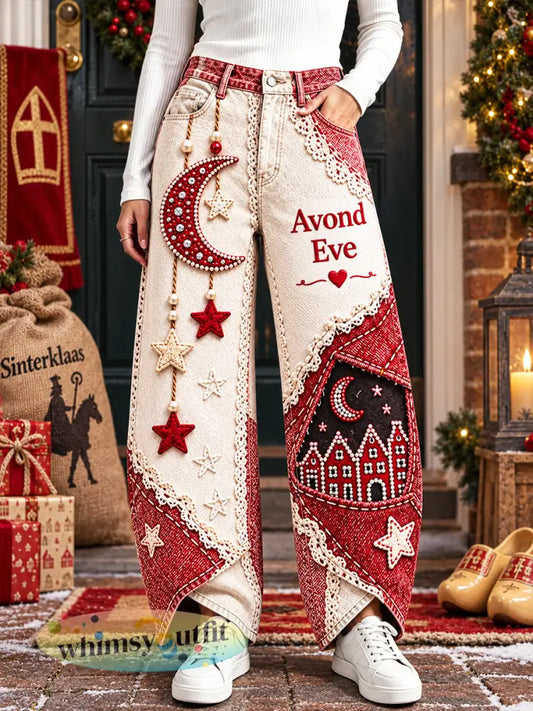 Nederlandse sinterklaasdag met kant-paneelprint casual broek - Veelkleurig / S