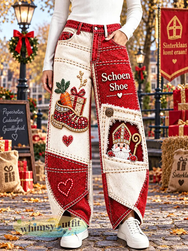 Nederlandse sinterklaasdag patchwork print casual broek - Veelkleurig / S