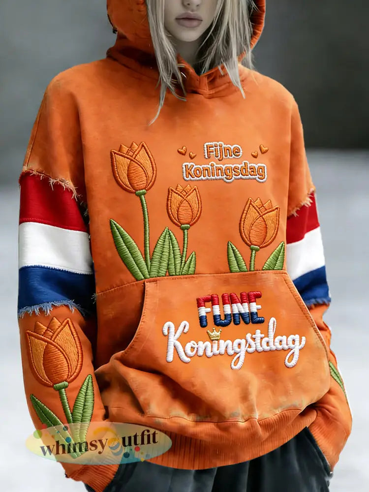 Nederlandse tulp koningsdag patchwork print casual V-hals sweatshirt met capuchon - Sinaasappel / S