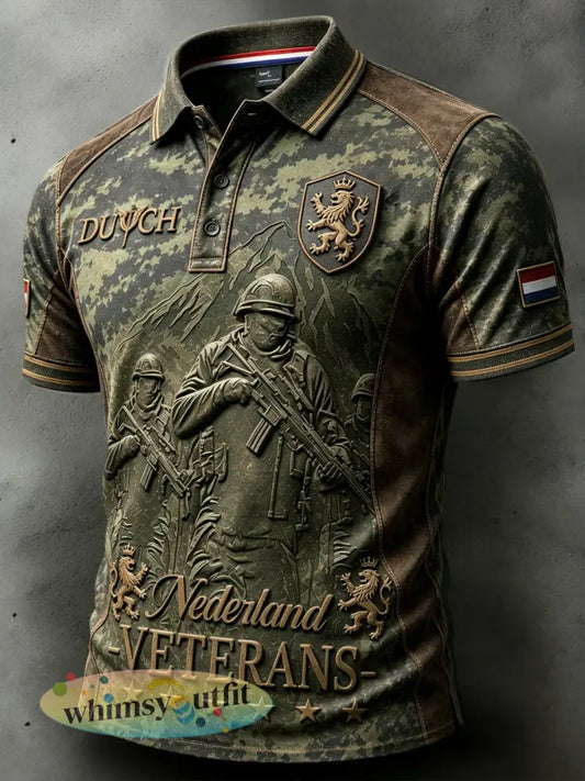 Nederlandse veteraan gepensioneerd 3D-geprint patchwork casual poloshirt voor heren - Groene Leger / S