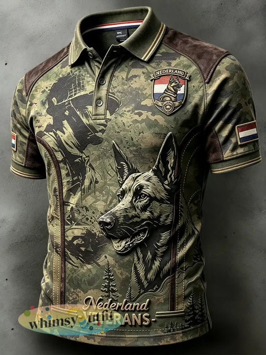 Nederlandse veteraan gepensioneerd werkhondenprint patchwork casual poloshirt voor heren - Groene Leger / S