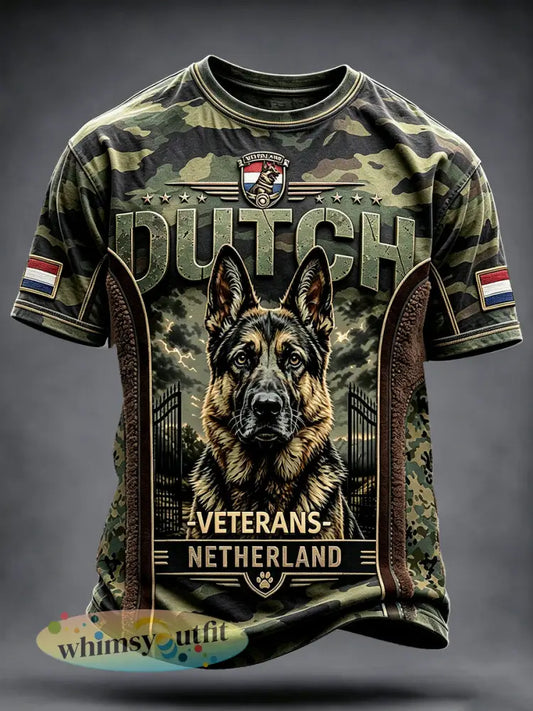 Nederlandse Veteraan Werkende Hond Camouflage Print Patchwork Casual T-shirt - Groene Leger / S