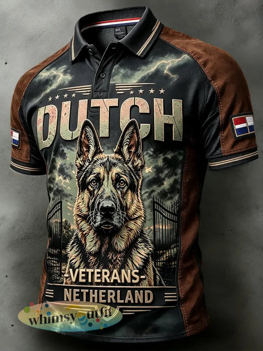 Nederlandse veteraan werkkleding hondenprint patchwork casual poloshirt voor heren - Groene Leger / S