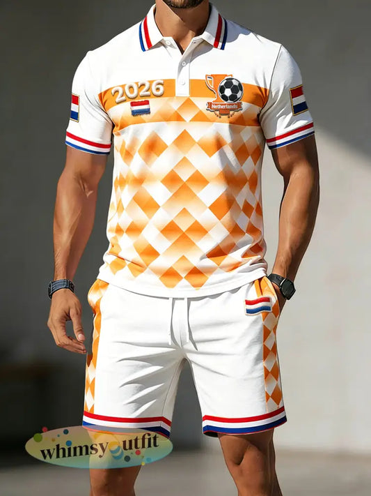 Nederlandse Vintage Geometrische 2026 Football Print Casual Polo Shirt en Shorts Set - Wit / S