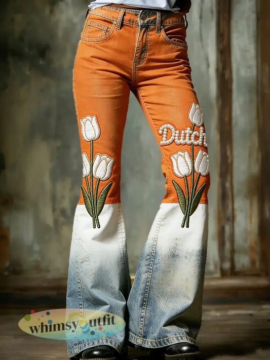 Nederlandse vintage patchwork print casual mode uitlopende broek - Oranje wit / S