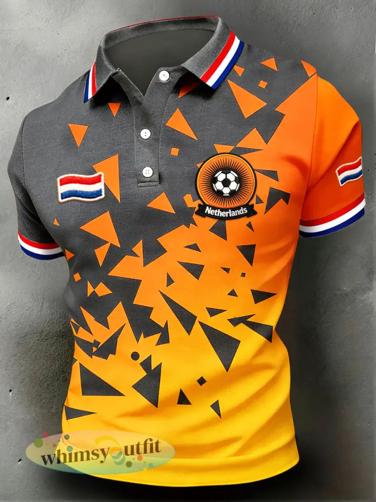 Nederlandse vlag heren 2026 voetbal geometrische print cool casual poloshirt - Zwarte Sinaasappel / S