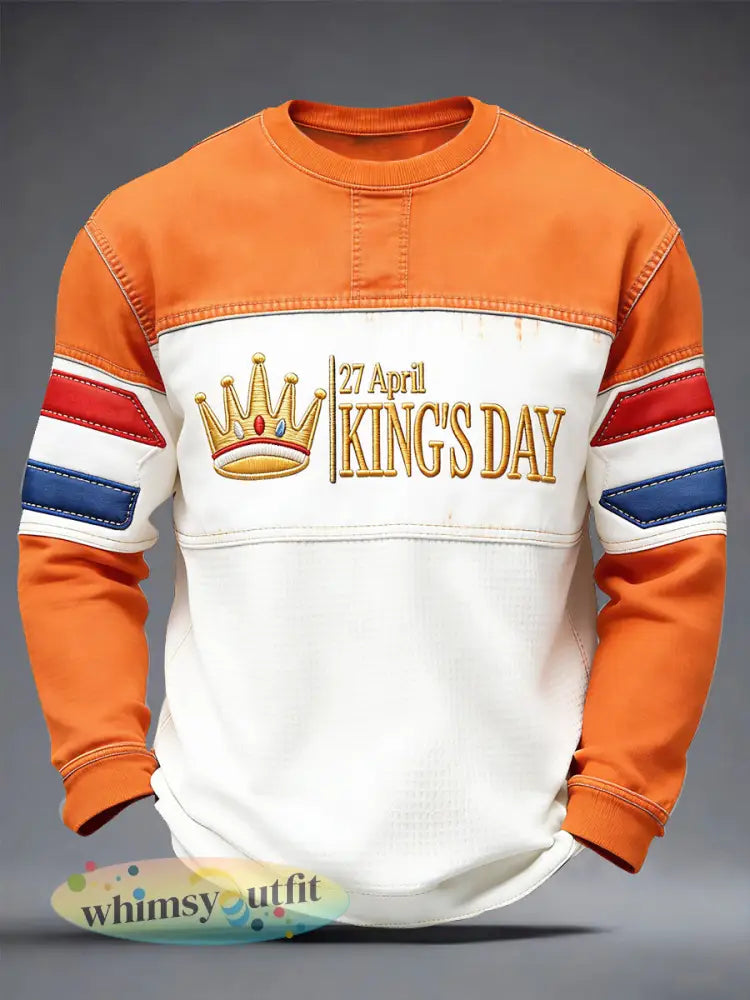 Nederlandse vlag heren koningsdag patchwork print casual T-shirt met lange mouwen - Oranje wit / S