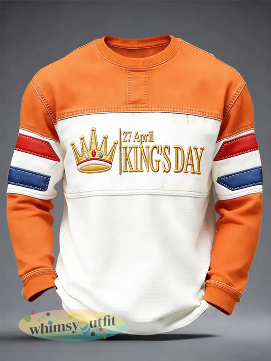 Nederlandse vlag heren koningsdag patchwork print casual T-shirt met lange mouwen - Oranje wit / S