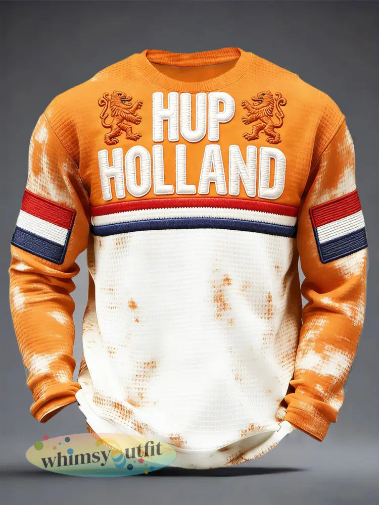 Nederlandse Vlag Patchwork voor heren 3D-geprint T-shirt met lange mouwen - Sinaasappel / S