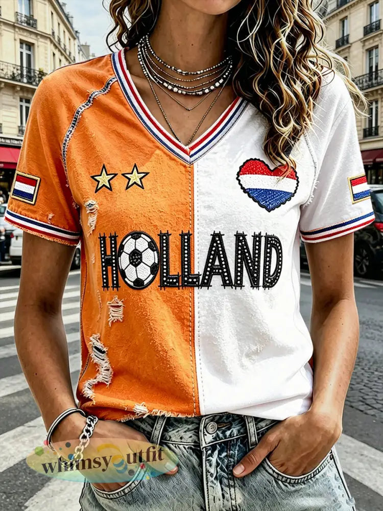 Nederlandse Vlag Voetbal Patchwork Print Casual V-hals T-shirt - Sinaasappel / S