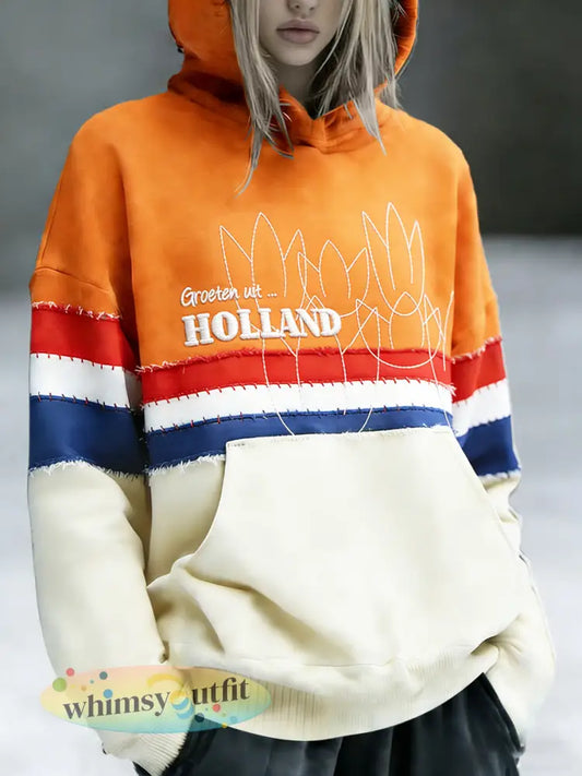 Nederlandse Vlag voor dames Koningsdag bloemenpatchwork print sweatshirt met capuchon - Veelkleurig / S