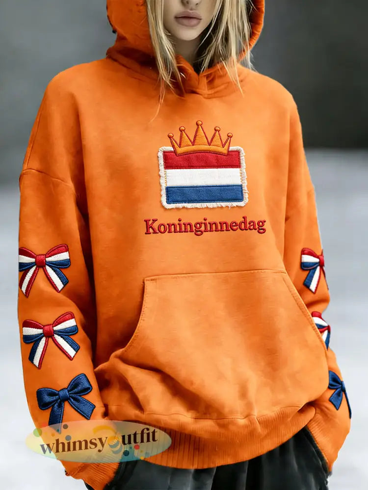 Nederlandse Vlag voor dames Koningsdag strik print casual sweatshirt met capuchon - Sinaasappel / S