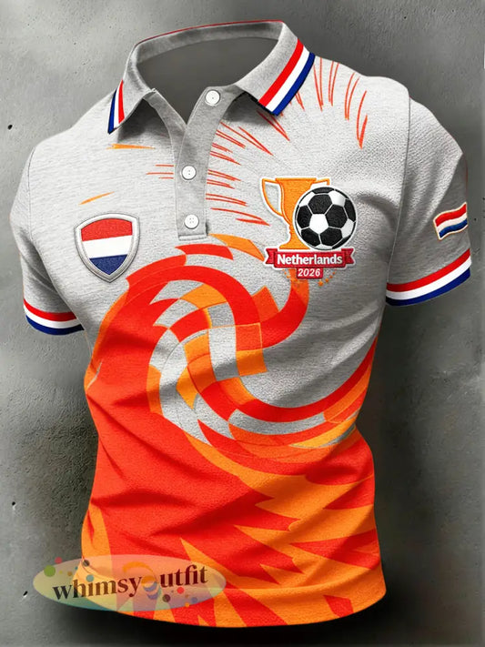 Nederlandse Vlag voor Heren 2026 Voetbalprint Cool Casual Poloshirt - Oranje wit / S
