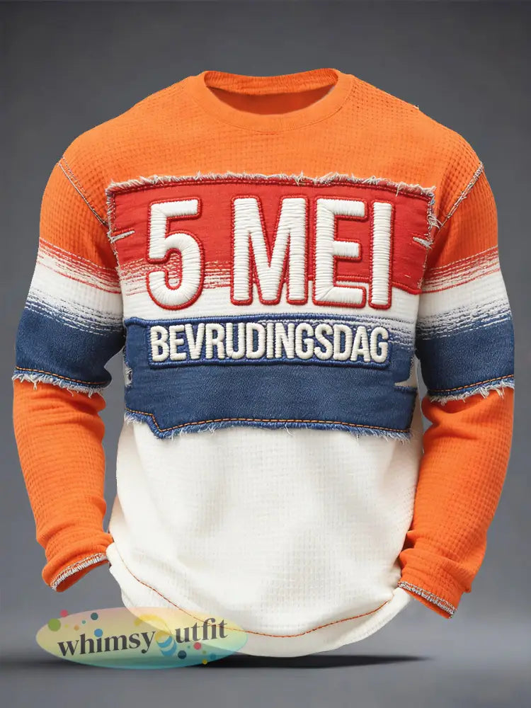 Nederlandse Vlag voor Heren Bevrijdingsdag Patchwork Print Casual T-shirt met lange mouwen - Sinaasappel / S
