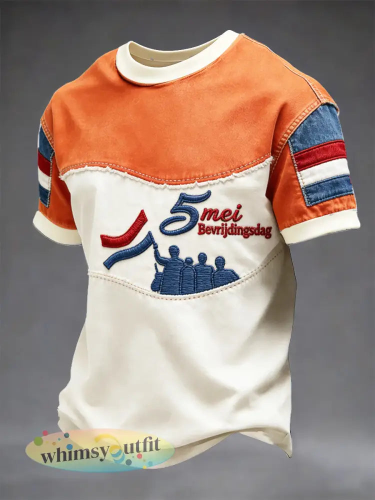 Nederlandse Vlag voor Heren Bevrldingsdag Patchwork Print Casual T-shirt - Veelkleurig / S