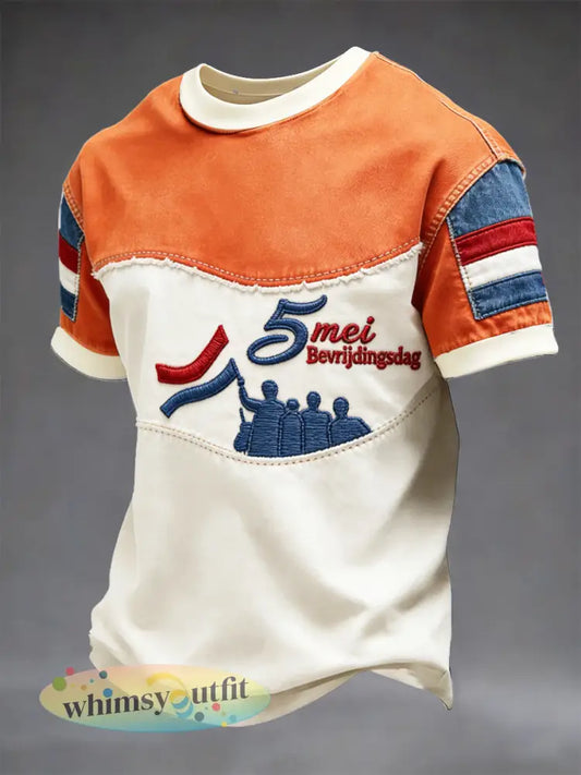 Nederlandse Vlag voor Heren Bevrldingsdag Patchwork Print Casual T-shirt - Veelkleurig / S