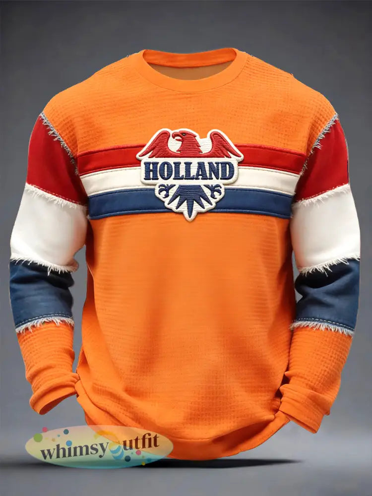 Nederlandse Vlag voor Heren Koningsdag Patchwork Print Casual Waffle Weave T-shirt met lange mouwen - Sinaasappel / S