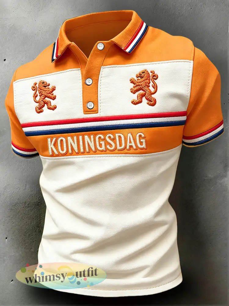 Nederlandse Vlag voor Heren Koningsdag Patchwork Print Casual Zakelijk Poloshirt - Oranje wit / S