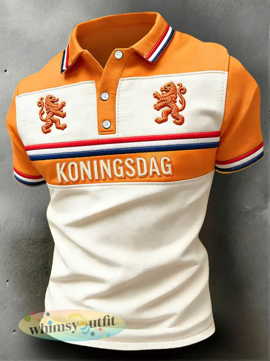 Nederlandse Vlag voor Heren Koningsdag Patchwork Print Casual Zakelijk Poloshirt - Oranje wit / S