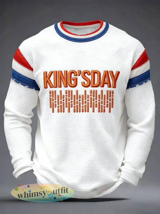 Nederlandse Vlag voor Heren Koningsdag Patchwork Print Waffle Weave T-shirt met lange mouwen - Wit / S