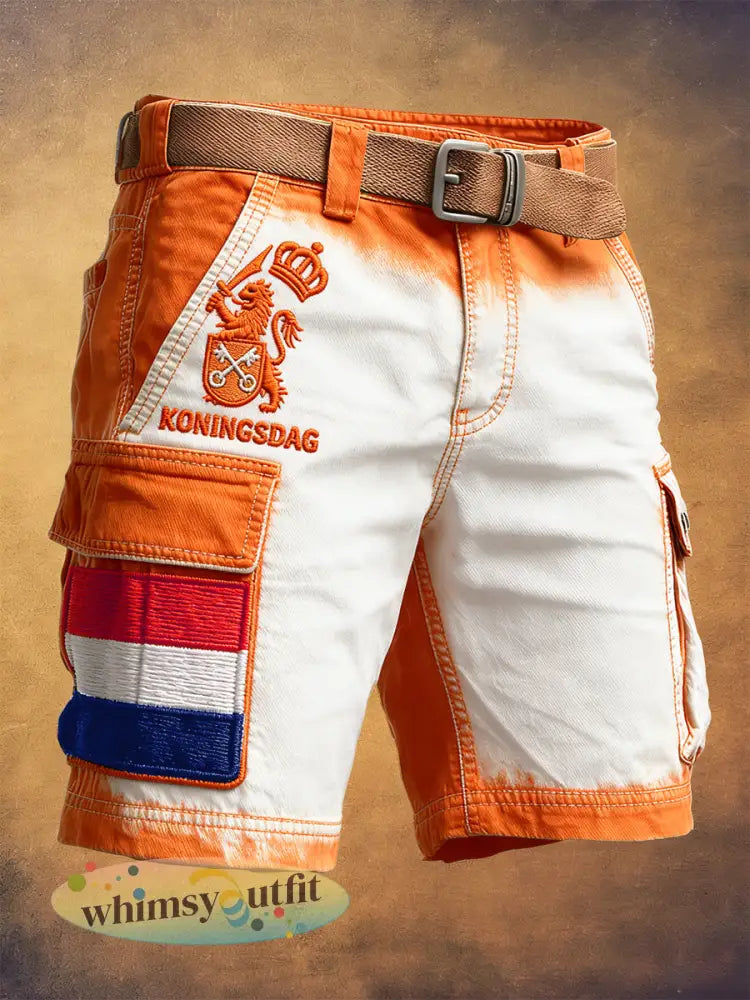 Nederlandse Vlag voor heren Koningsdag print casual werkkleding korte broek - Oranje wit / S