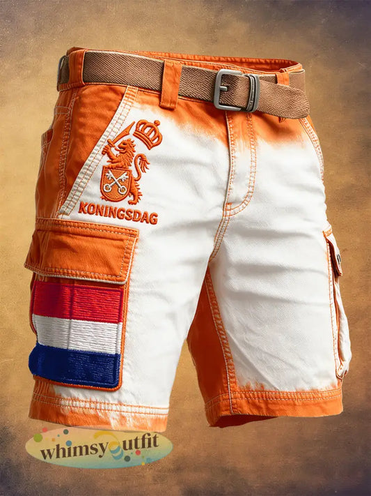 Nederlandse Vlag voor heren Koningsdag print casual werkkleding korte broek - Oranje wit / S