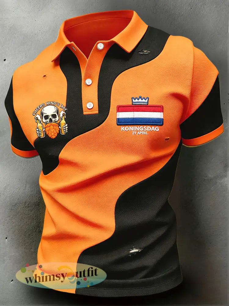 Nederlandse Vlag voor heren Koningsdag print oranje en zwart casual poloshirt - Zwarte Sinaasappel / S