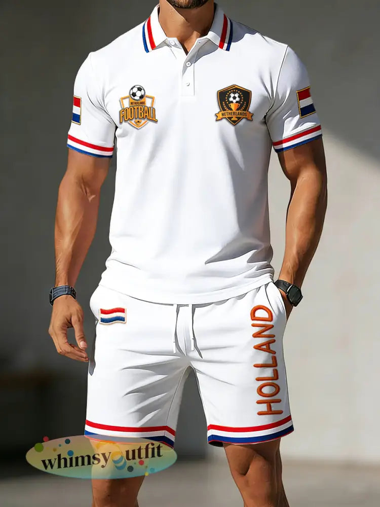 Nederlandse voetbalprint wit minimalistisch casual poloshirt en korte broek voor heren - Wit / S
