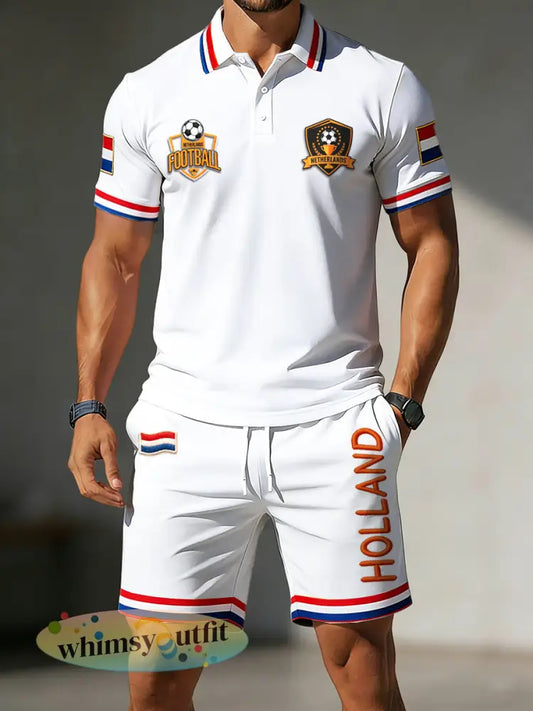 Nederlandse voetbalprint wit minimalistisch casual poloshirt en korte broek voor heren - Wit / S