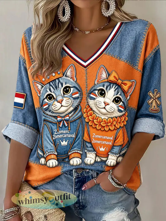 Nederlandse zomercarnaval schattige kat patchwork print casual V-hals T-shirt - Veelkleurig / S