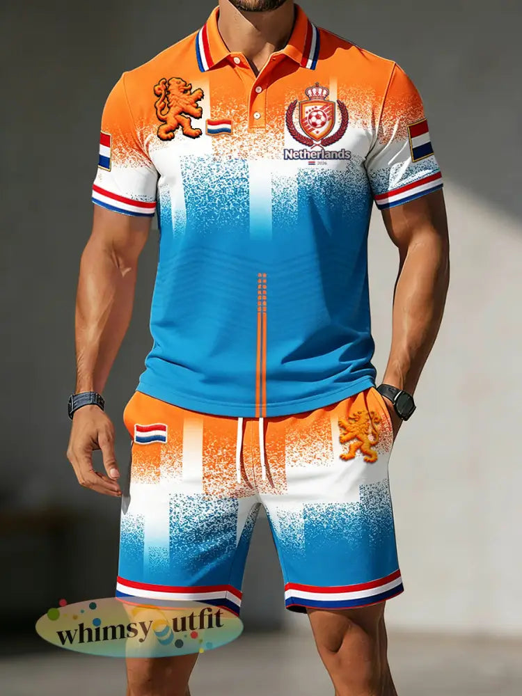 Nieuw herenmodepoloshirt en -shortsset met gradiënt en Nederlandse voetbalprint - Veelkleurig / S