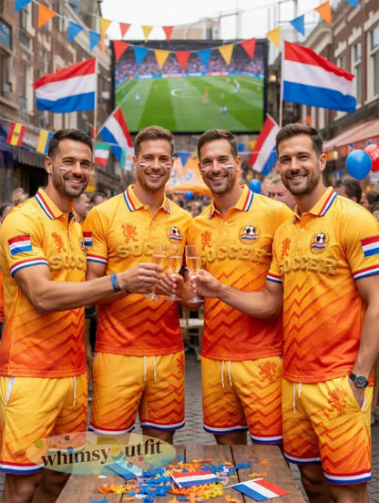 Nieuw herenpoloshirt en -shortsset met kleurverloop en Nederlandse voetbalstrepen casual style