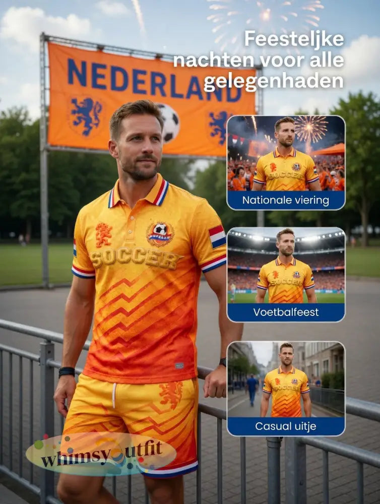 Nieuw herenpoloshirt en -shortsset met kleurverloop en Nederlandse voetbalstrepen casual style