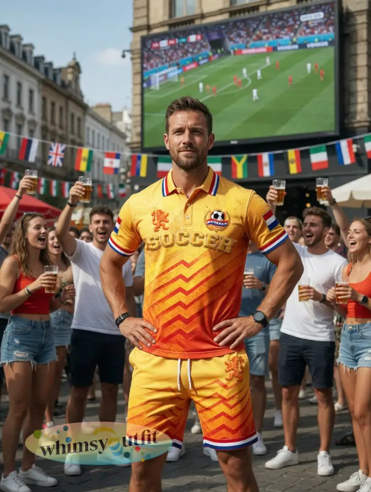 Nieuw herenpoloshirt en -shortsset met kleurverloop en Nederlandse voetbalstrepen casual style