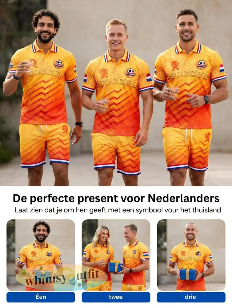 Nieuw herenpoloshirt en -shortsset met kleurverloop en Nederlandse voetbalstrepen casual style