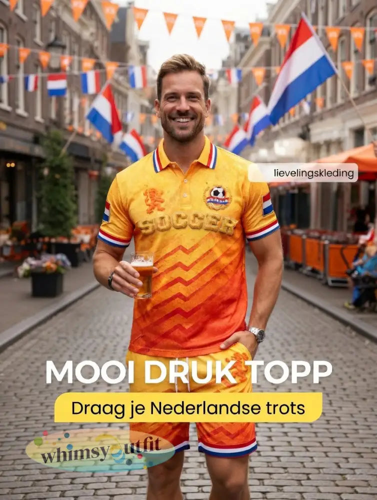Nieuw herenpoloshirt en -shortsset met kleurverloop en Nederlandse voetbalstrepen casual style - Sinaasappel / S