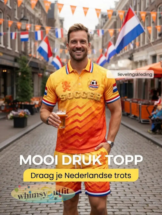 Nieuw herenpoloshirt en -shortsset met kleurverloop en Nederlandse voetbalstrepen casual style - Sinaasappel / S