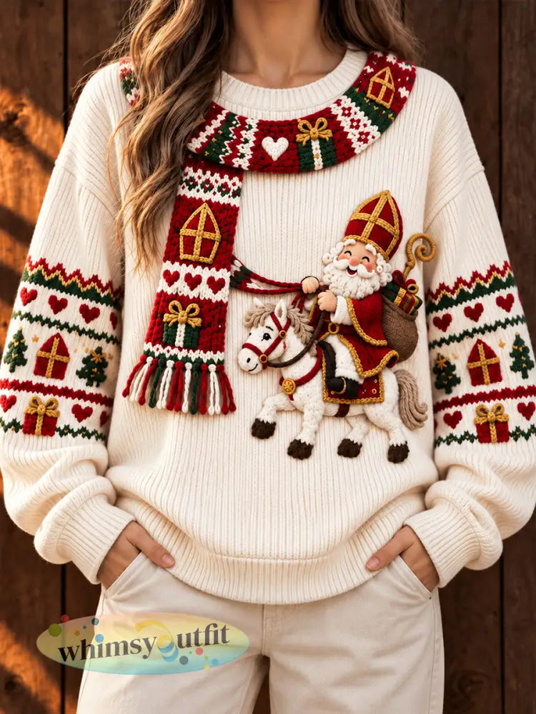 Off-White Nederlandse St. Nicholas Day 3D-geprinte casual sweatshirt voor dames - Romig-Wit / S